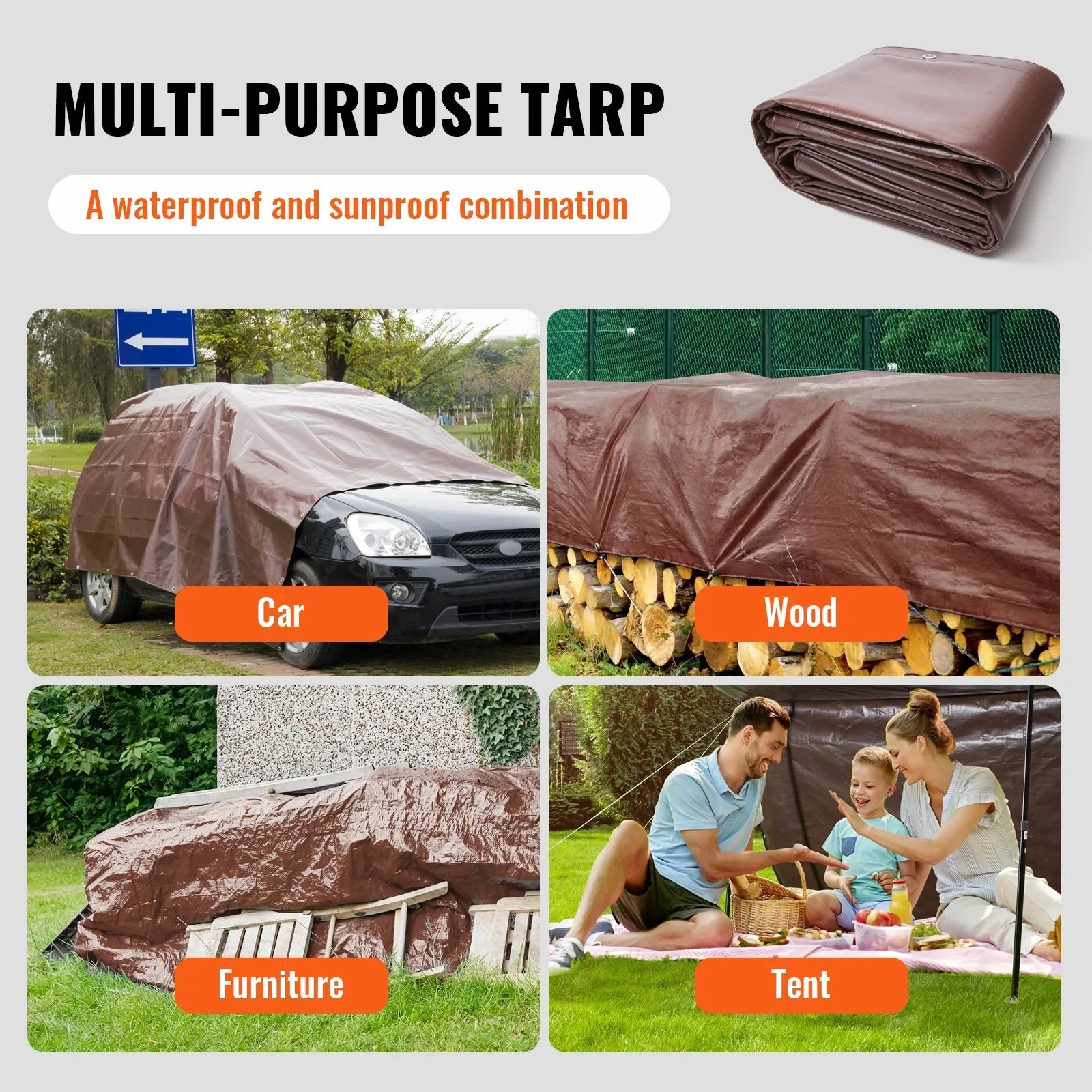 VEVOR Tarp Waterproof 10x12ft Multi Purpose Tear UV and Temperature Resistant Outdoor Tarpaulin with Reinforced Grommets (Brown)