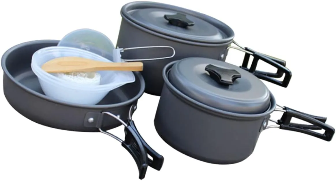 VICASKY 1Set Camping Cookware for Outdoor Cooking Person Folding Pot and Pan Kit with Soup Spoon Rice Spoon and Bowls Portable Cooking Equipment for Hiking Backpacking and BBQ