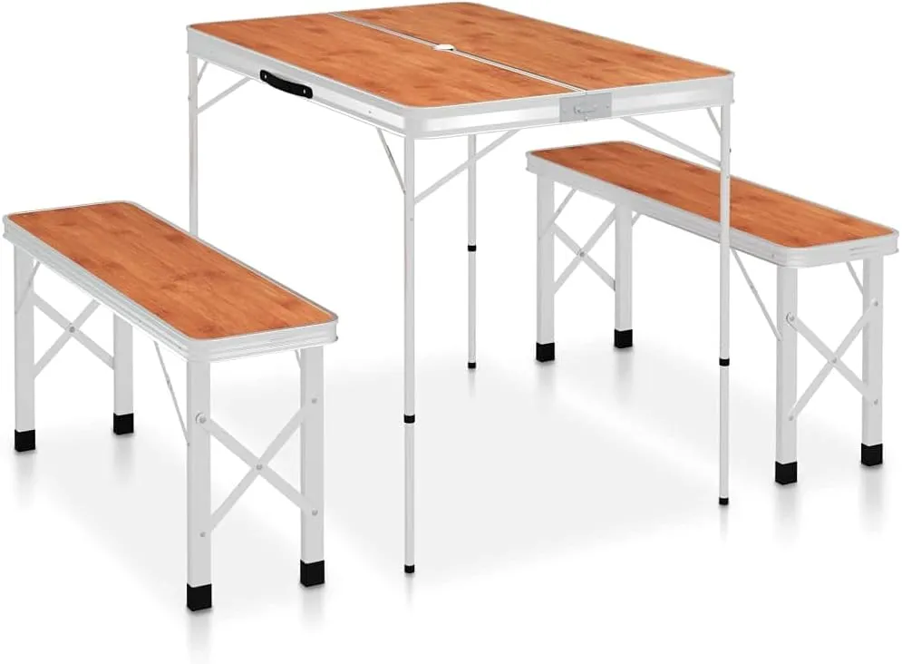 vidaXL Folding Camping Table Set - Aluminum, Brown & Silver - Includes 2 Benches - Portable Picnic Table with Carrying Handle - Foldable Design for Easy Transport & Outdoor use - 35.4"x23.6"x27.6"
