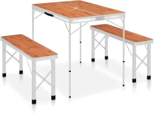 vidaXL Folding Camping Table Set - Aluminum, Brown & Silver - Includes 2 Benches - Portable Picnic Table with Carrying Handle - Foldable Design for Easy Transport & Outdoor use - 35.4"x23.6"x27.6"