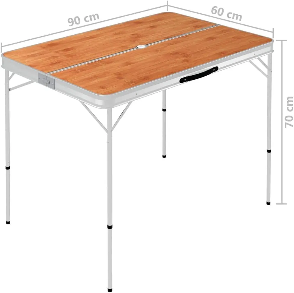 vidaXL Folding Camping Table Set - Aluminum, Brown & Silver - Includes 2 Benches - Portable Picnic Table with Carrying Handle - Foldable Design for Easy Transport & Outdoor use - 35.4"x23.6"x27.6"