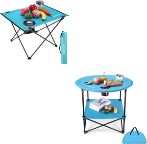 VILLEY ILLEY Folding Camping Table with 2 Cup Holders & Portable Lightweight Beach Table with Oxford Fabric and Reinforced Aluminum Panel