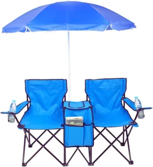VINGLI Beach Chair with Umbrella for Adults, Double Camping Chair with Canopy & Cooler Fold-Up Table, Carrying Bag, Folding Chair for Outdoor