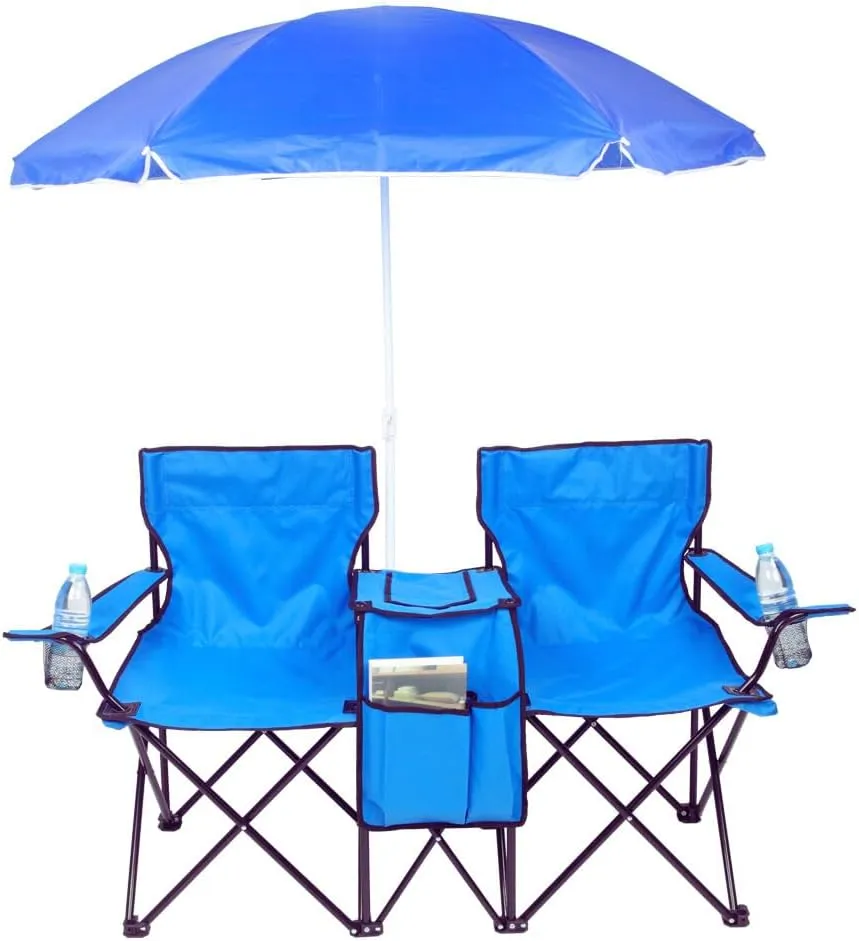 VINGLI Beach Chair with Umbrella for Adults, Double Camping Chair with Canopy & Cooler Fold-Up Table, Carrying Bag, Folding Chair for Outdoor