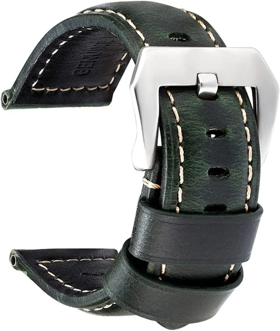 Vintage Oil Wax Leather Strap with Silver Buckle For Penahai Watch replacement Accessories Band