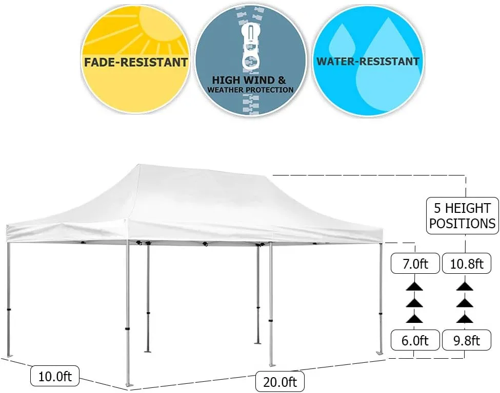 Vispronet 10x20 Pop Up Canopy Tent – Durable Steel Frame with Water-Resistant Polyester Fabric Top – Heavy Duty Wheeled Canopy Bag and Stake Kit Included (White)