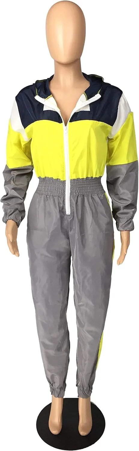VOIKERDR Women Colorblock One Piece Outfits Set High Waist Pants Long Sleeve Zipper Front Windbreaker Jumpsuit