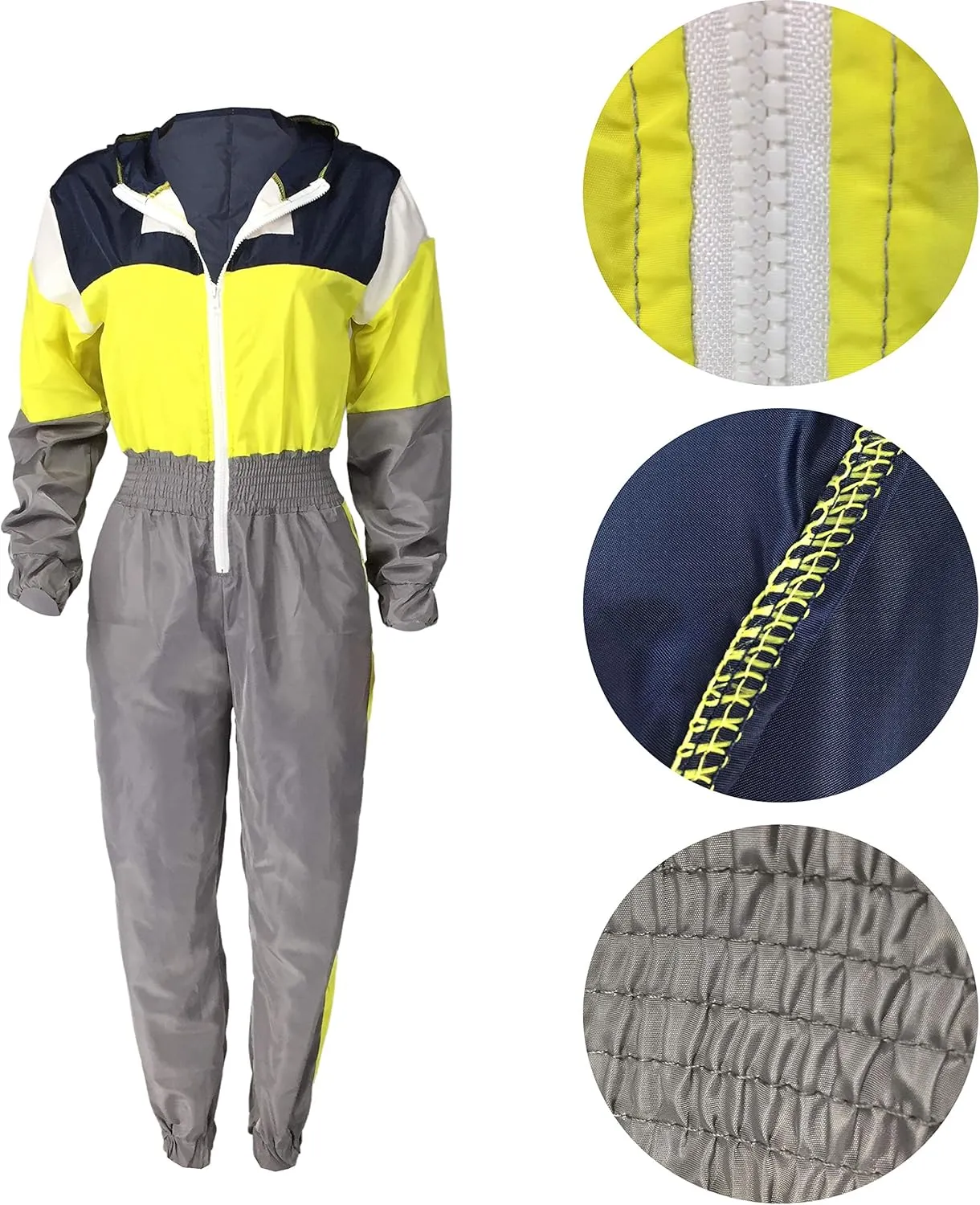 VOIKERDR Women Colorblock One Piece Outfits Set High Waist Pants Long Sleeve Zipper Front Windbreaker Jumpsuit