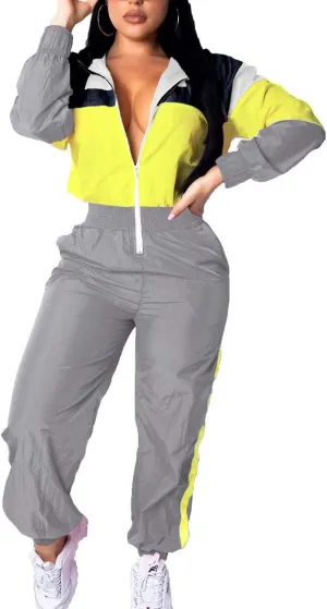 VOIKERDR Women Colorblock One Piece Outfits Set High Waist Pants Long Sleeve Zipper Front Windbreaker Jumpsuit