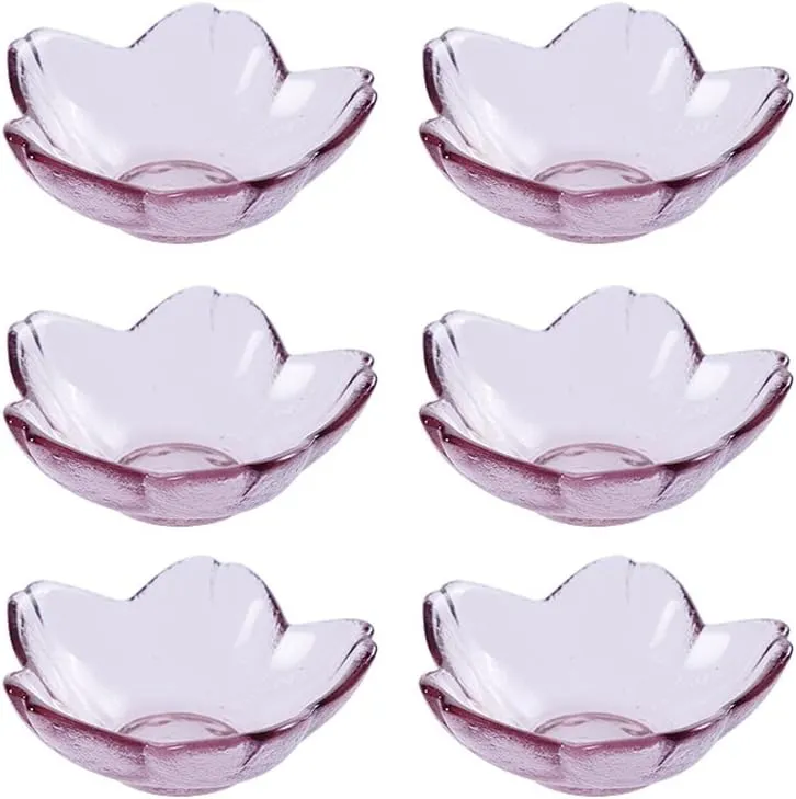 WAIT FLY 6pcs Sakura Shaped Glass Seasoning Dishes/Tea Bag Holders/Ketchup Saucer/Appetizer Plates/ Salad Bowls, Set of 6