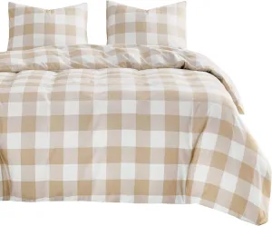 Wake In Cloud - Gingham Comforter Set, Plaid Buffalo Check Checkered Cottagecore Cute Geometric, Soft Lightweight Bedding, 3 Pieces, Beige, Twin/Twin XL Size