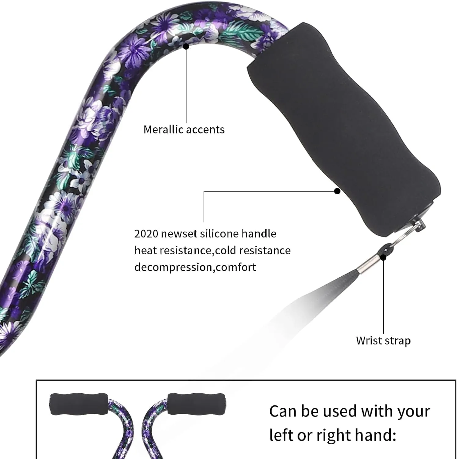 Walking Cane for Women & Men, Folding Cane Lightweight with Offset Handle, Adjustable Walking Stick for Seniors Mobility Balance, Small Base, 32-37" Flower