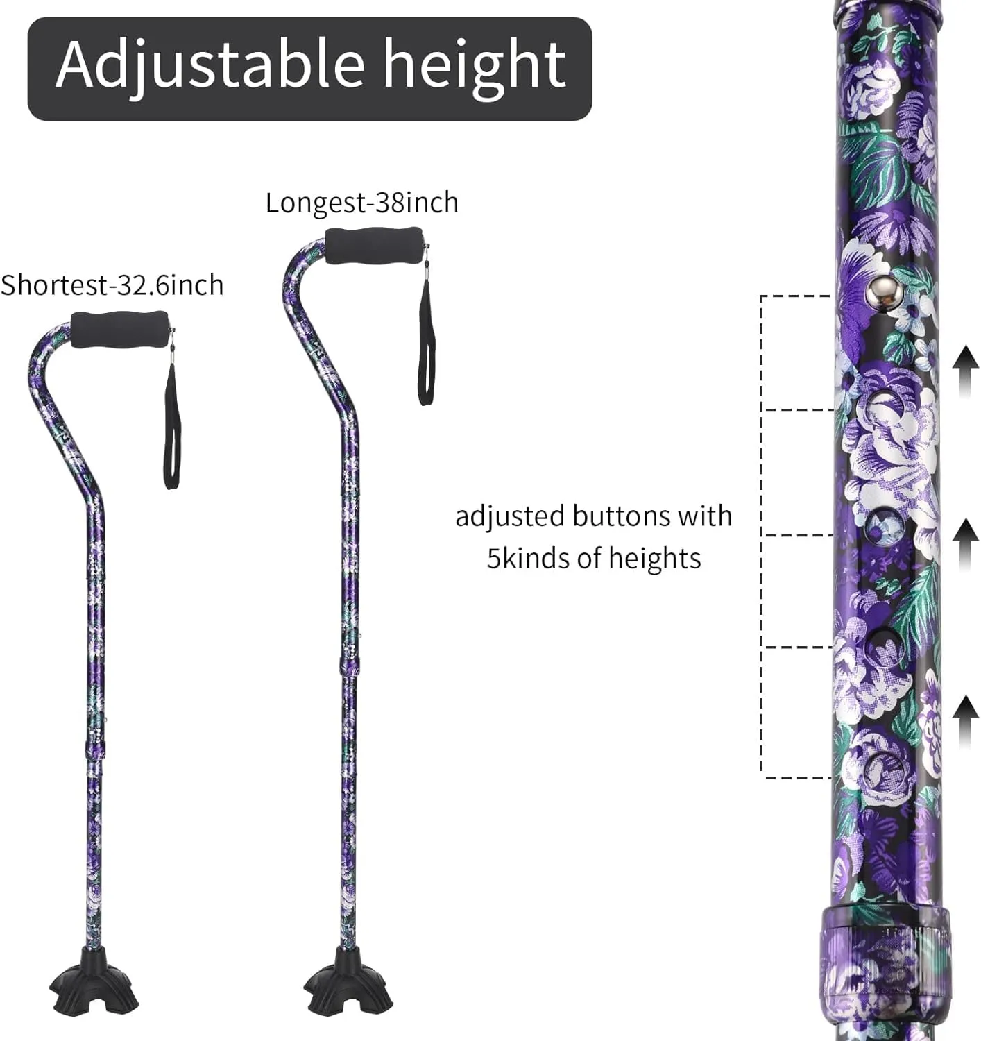 Walking Cane for Women & Men, Folding Cane Lightweight with Offset Handle, Adjustable Walking Stick for Seniors Mobility Balance, Small Base, 32-37" Flower