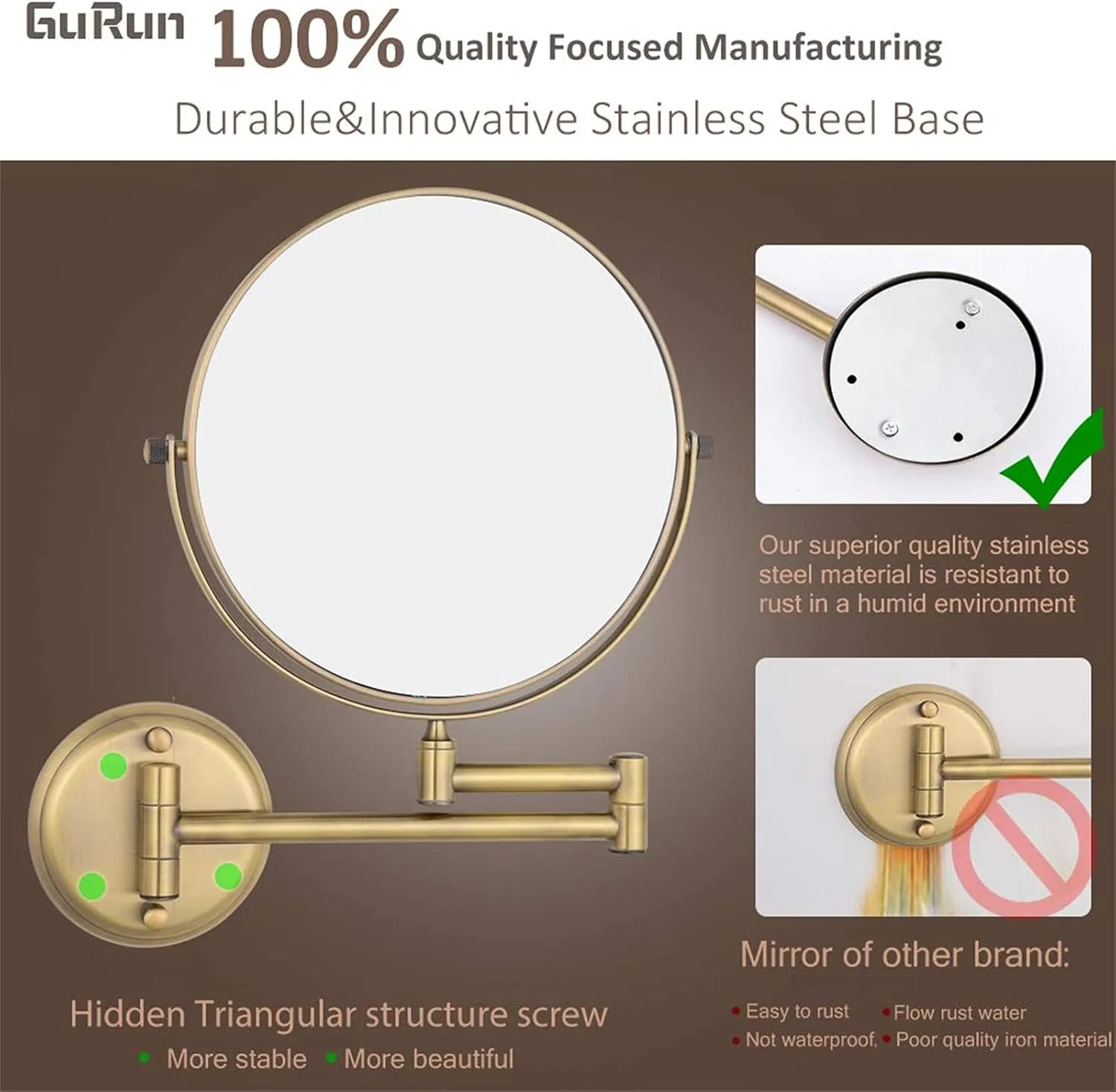 Wall Mounted Makeup Mirror, 1X＆3X/5X/7X/10X Magnification Vanity Mirrors, 8 Inch Double Sided Folding Swivel Cosmetic Shaving Mirrors,Bronze,7X