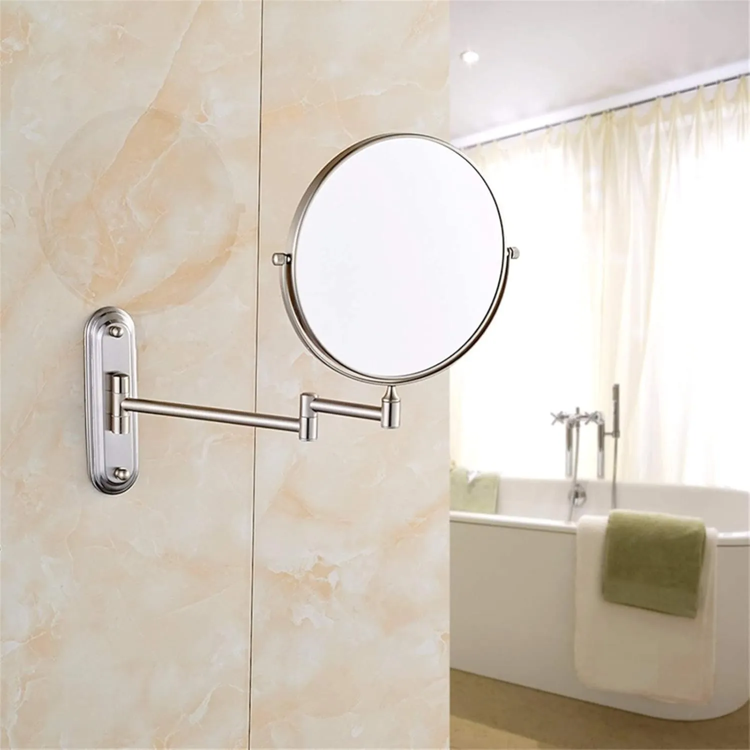 Wall- Mounted Makeup Mirror, 8 Inch Brass Magnifying Double Sided Shaving Mirror, Bathroom Extendable 360° Swivel Cosmetic Vanity Mirror(Brass,5X)