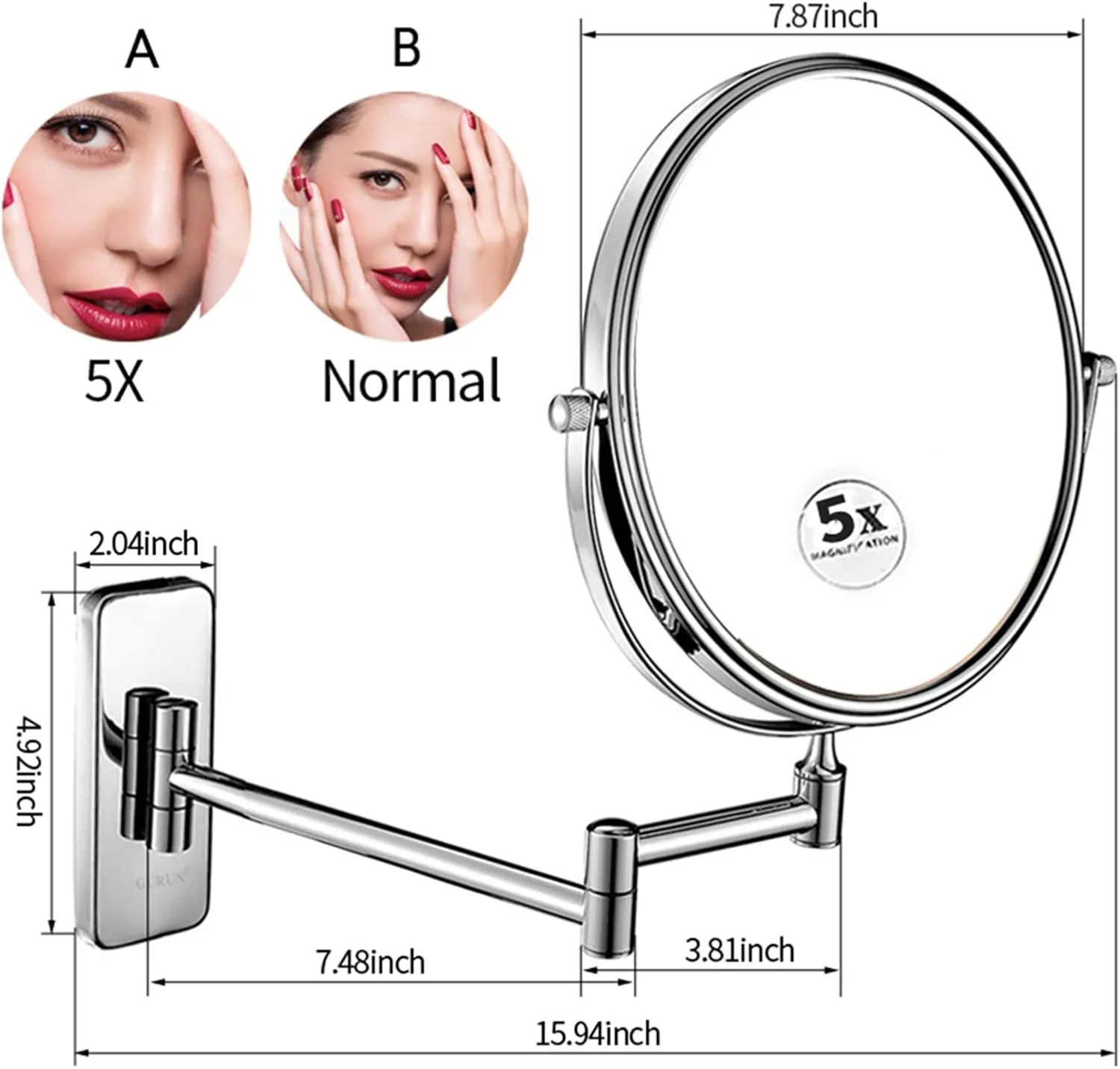 Wall Mounted Makeup Mirror, 8 inch Chrome Finish Double Sided Magnifying Shaving Mirror, Extendable Bathroom Round Cosmetic Vanity Mirrors,3X (Color : 5X)
