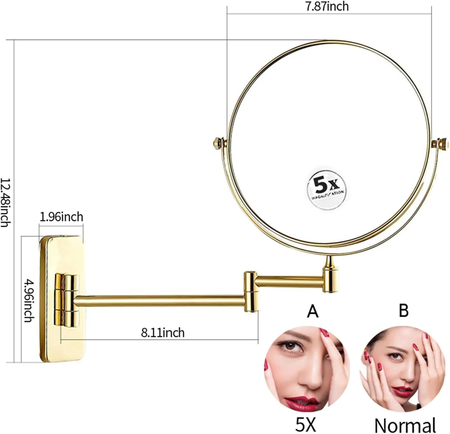 Wall Mounted Makeup Mirror, 8 inch Gold Finish Double Sided Magnifying Shaving Mirror, Extendable Bathroom Round Cosmetic Vanity Mirrors,7X (Color : 5X)