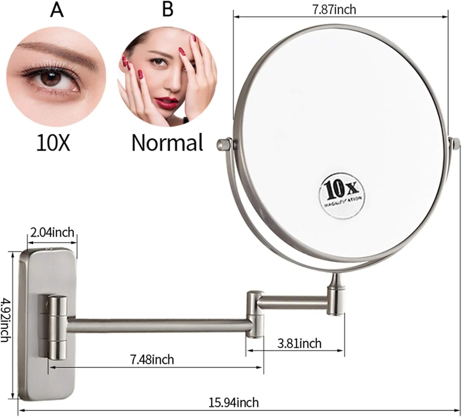 Wall Mounted Makeup Mirror, 8 inch Nickel Finish Double Sided Magnifying Shaving Mirror, Extendable Bathroom Round Cosmetic Vanity Mirrors,5X (Color : 10x)