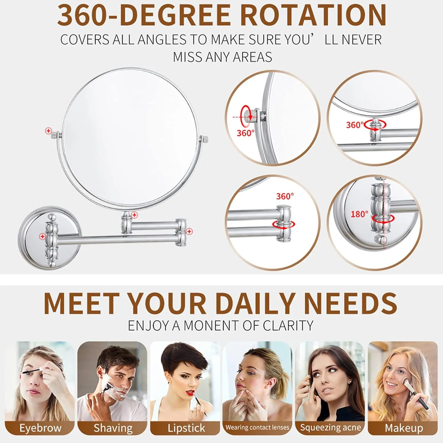Wall Mounted Makeup Mirror, Double Sided 1X/10X Magnify Mirror 360 Swivel Shaving Mirror, Extendable Bathroom Vanity Mirrors,Rose Gold