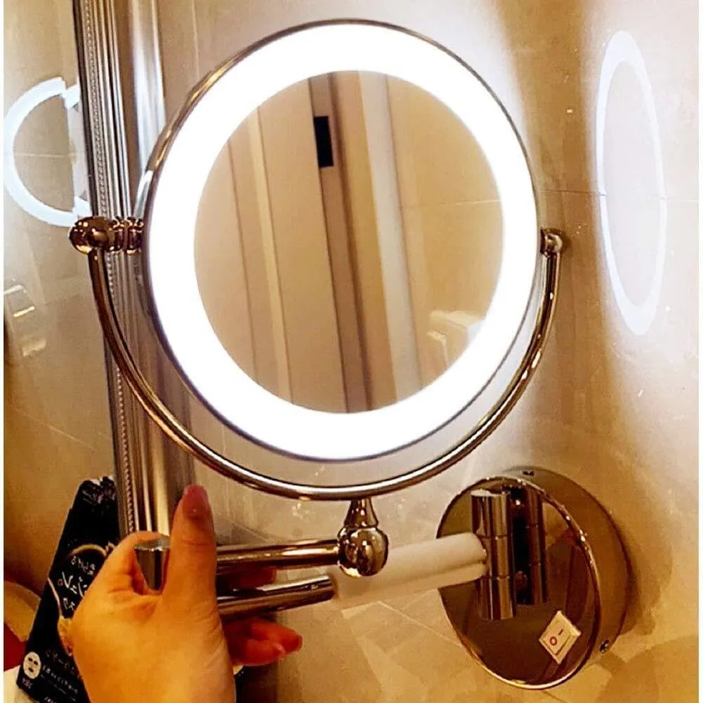 Wall Mounted Makeup Mirror with LED Light, 3X Magnification, 360° Swivel, Extendable, Two-Sided Mirror, Easy Installation, Gold Finish(Gold,10x)
