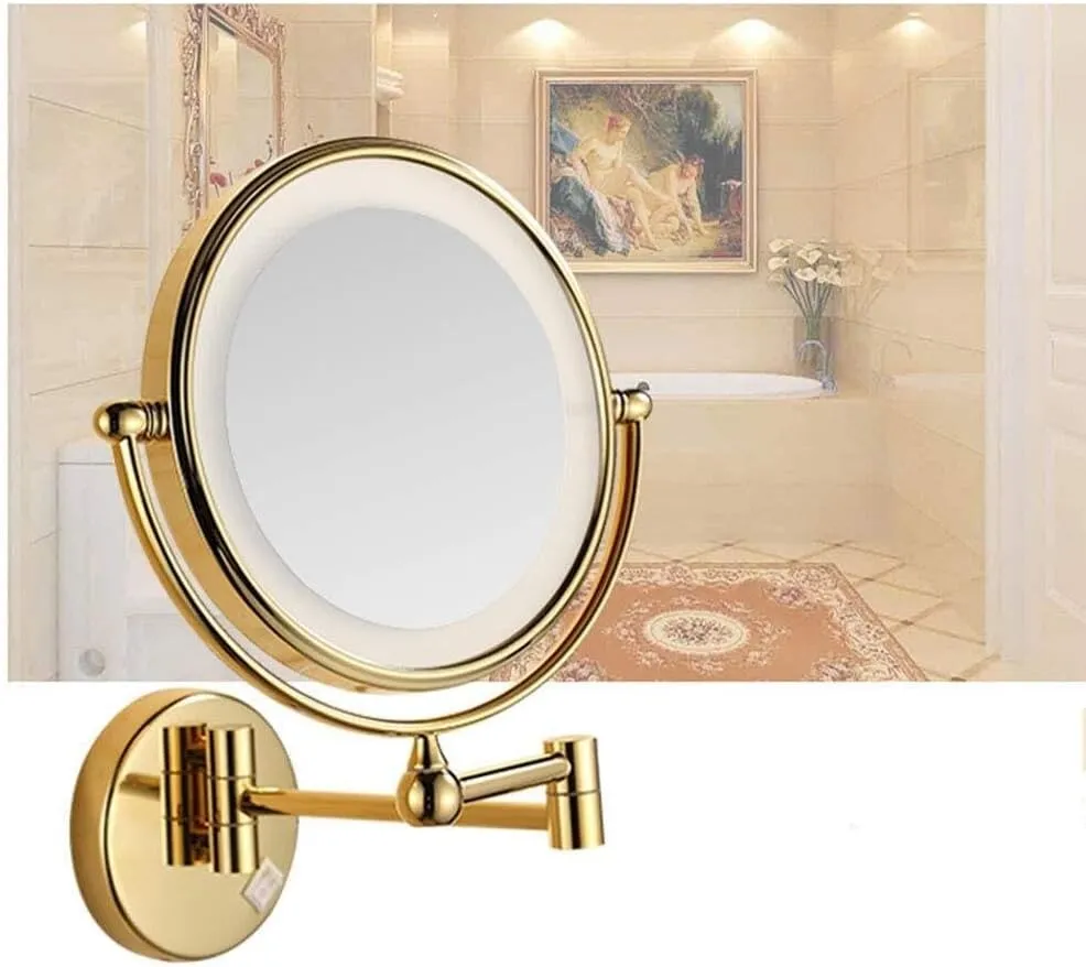 Wall Mounted Makeup Mirror with LED Light, 3X Magnification, 360° Swivel, Extendable, Two-Sided Mirror, Easy Installation, Gold Finish(Gold,10x)
