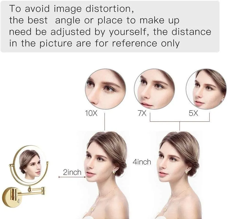 Wall Mounted Makeup Mirror with LED Light, 3X Magnification, 360° Swivel, Extendable, Two-Sided Mirror, Easy Installation, Gold Finish(Gold,10x)