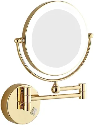 Wall Mounted Makeup Mirror with LED Light, 3X Magnification, 360° Swivel, Extendable, Two-Sided Mirror, Easy Installation, Gold Finish(Gold,10x)