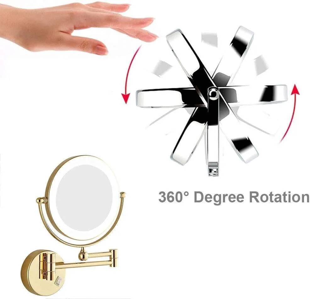 Wall Mounted Makeup Mirror with LED Light, 3X Magnification, 360° Swivel, Extendable, Two-Sided Mirror, Easy Installation, Gold Finish(Gold,10x)