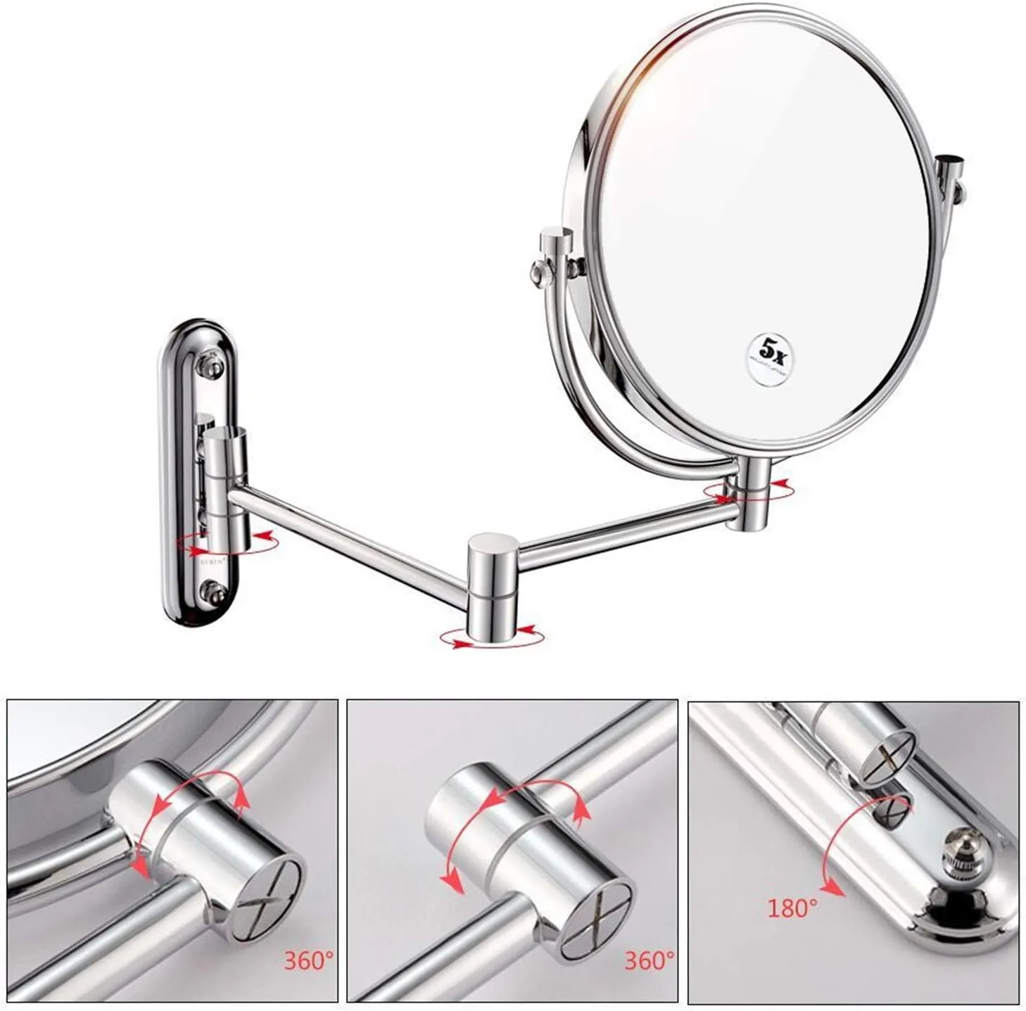 Wall Mounted Makeup Mirrors, 8 Inch Chrome Double Sided Vanity Mirrors with Magnifying, Bathroom Flexible Extendable 360° Swivel Cosmetic Mirrors,7X (Color : 10x)