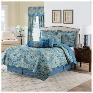 Waverly Moonlit Shadows Bohemian Medallion 4-Piece Reversible Quilt Set, King Bed Set with Quilt, 2 Pillow Shams, and Bed Skirt, Lightweight and Machine Washable, Lapis