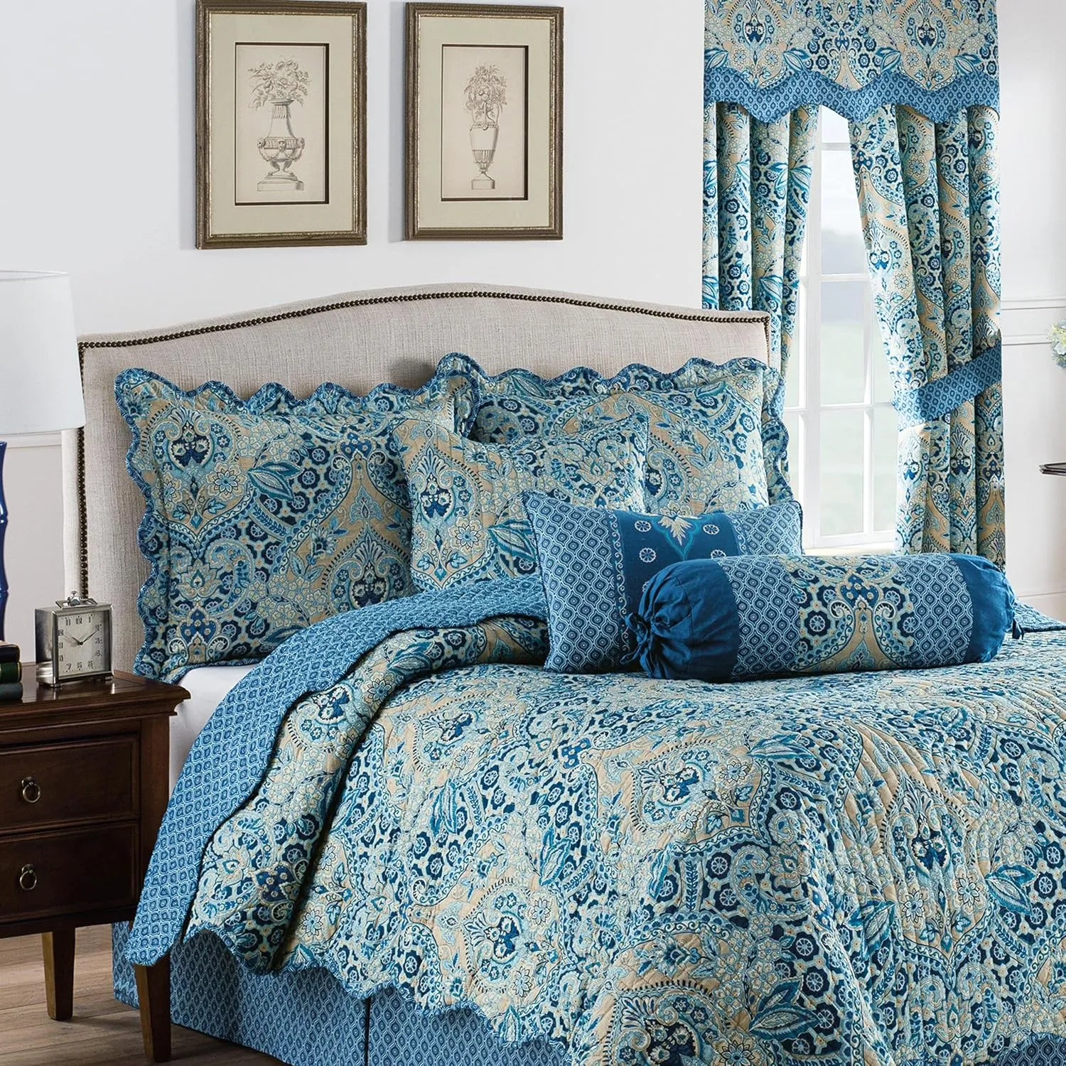 Waverly Moonlit Shadows Bohemian Medallion 4-Piece Reversible Quilt Set, King Bed Set with Quilt, 2 Pillow Shams, and Bed Skirt, Lightweight and Machine Washable, Lapis