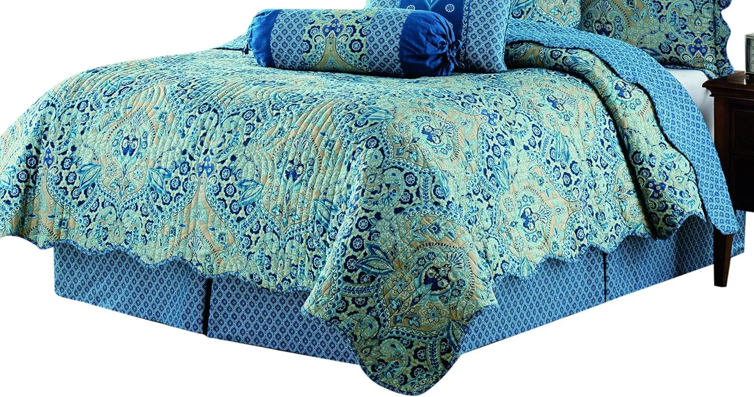 Waverly Moonlit Shadows Bohemian Medallion 4-Piece Reversible Quilt Set, King Bed Set with Quilt, 2 Pillow Shams, and Bed Skirt, Lightweight and Machine Washable, Lapis