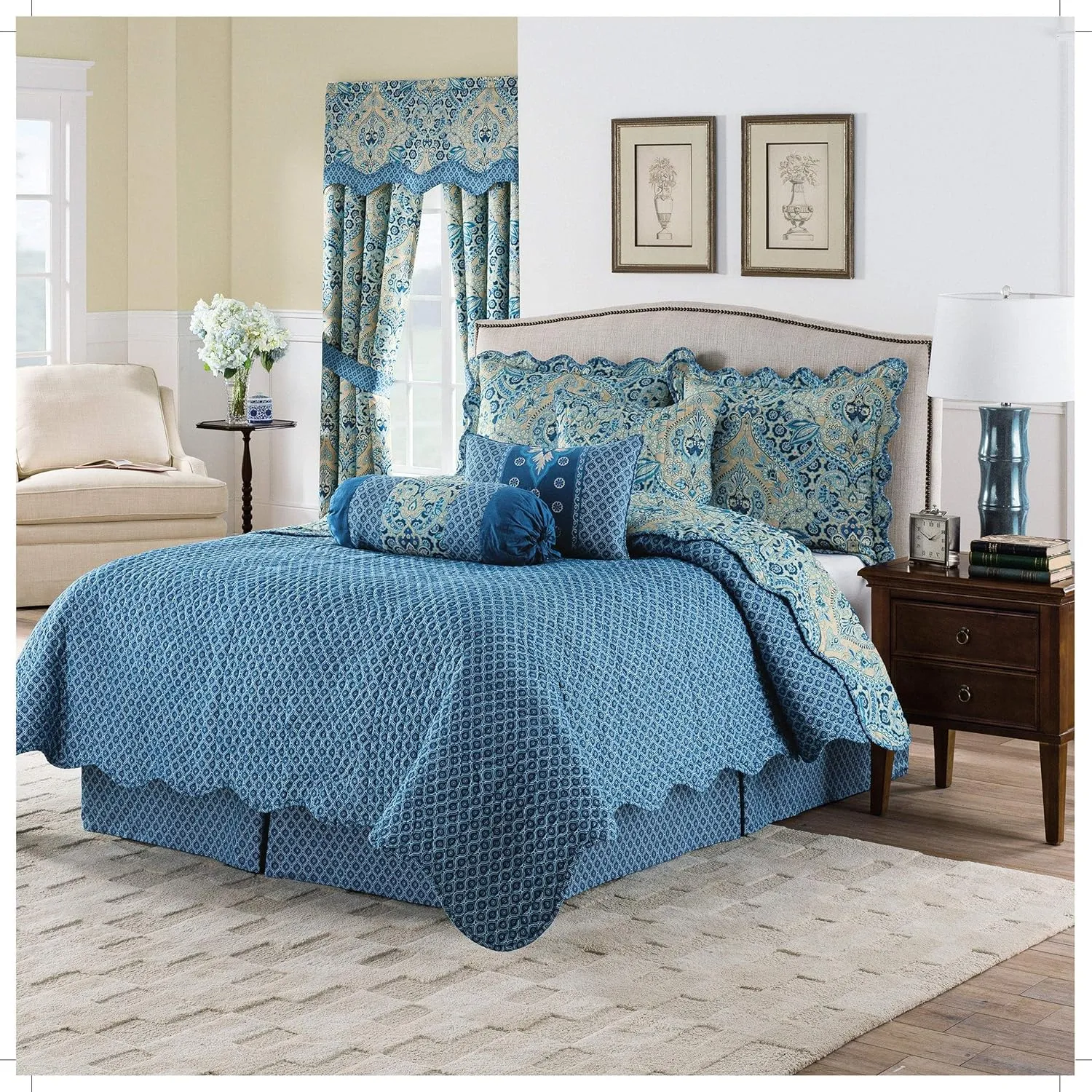 Waverly Moonlit Shadows Bohemian Medallion 4-Piece Reversible Quilt Set, King Bed Set with Quilt, 2 Pillow Shams, and Bed Skirt, Lightweight and Machine Washable, Lapis