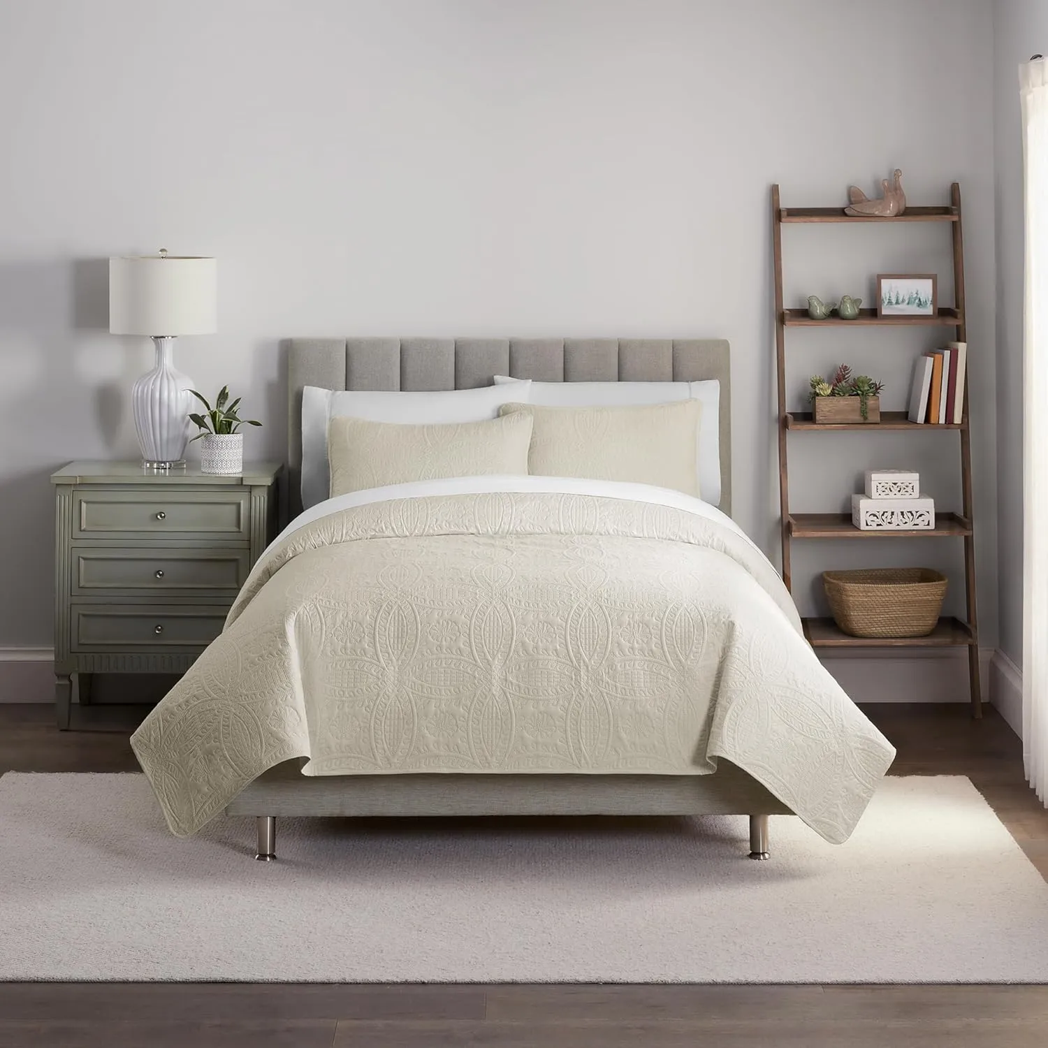Waverly Traditions Vintage Medallion Pinsonic 2 Piece Quilted Solid Bedding Set, Twin Bed Set with 1 Pillow Sham and Quilt, Lightweight and Machine Washable, Beige