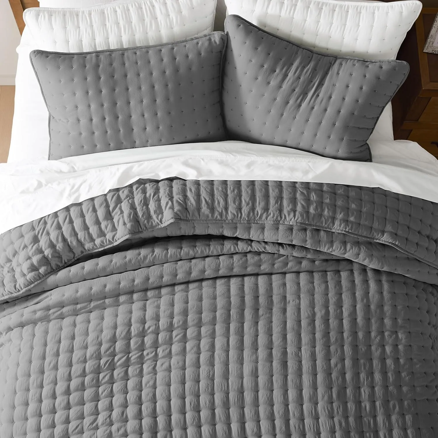 WDCOZY Dark Grey King Size Quilt Bedding Sets with Pillow Shams, Deep Lightweight Bedspread Coverlet, Quilted Blanket Thin Comforter Bed Cover, All Season Summer Spring, 3 Pieces, 104x90 inches