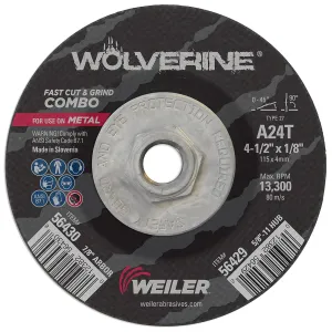 Weiler 56429 Wolverine Type 27 Cut and Grind Combo Wheel, A24T, 5/8" 11 UNC Nut, 4 1/2" x 1/8", Aluminum Oxide, 4.5" Diameter (Pack of 10)