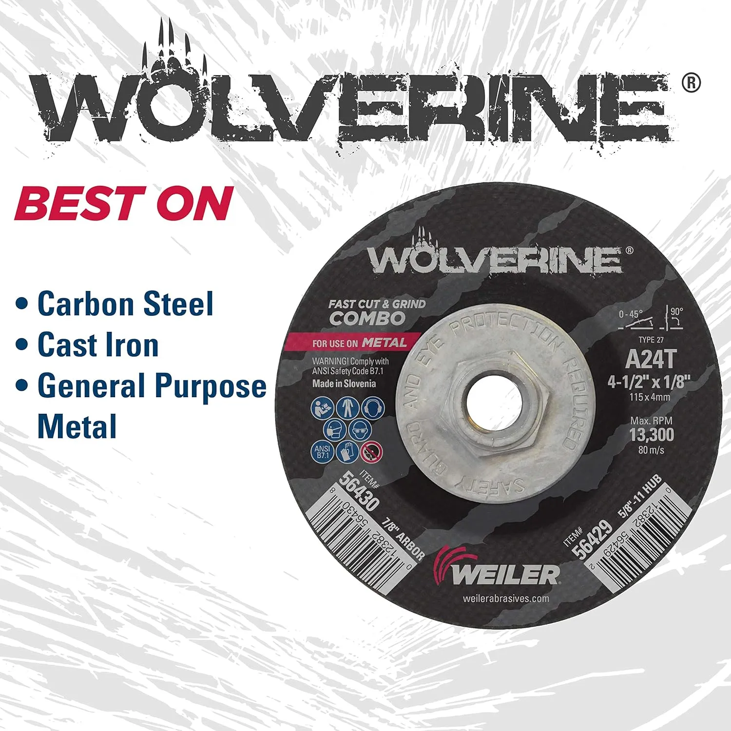 Weiler 56429 Wolverine Type 27 Cut and Grind Combo Wheel, A24T, 5/8" 11 UNC Nut, 4 1/2" x 1/8", Aluminum Oxide, 4.5" Diameter (Pack of 10)