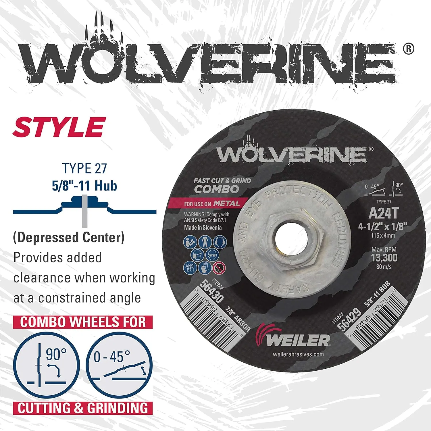 Weiler 56429 Wolverine Type 27 Cut and Grind Combo Wheel, A24T, 5/8" 11 UNC Nut, 4 1/2" x 1/8", Aluminum Oxide, 4.5" Diameter (Pack of 10)