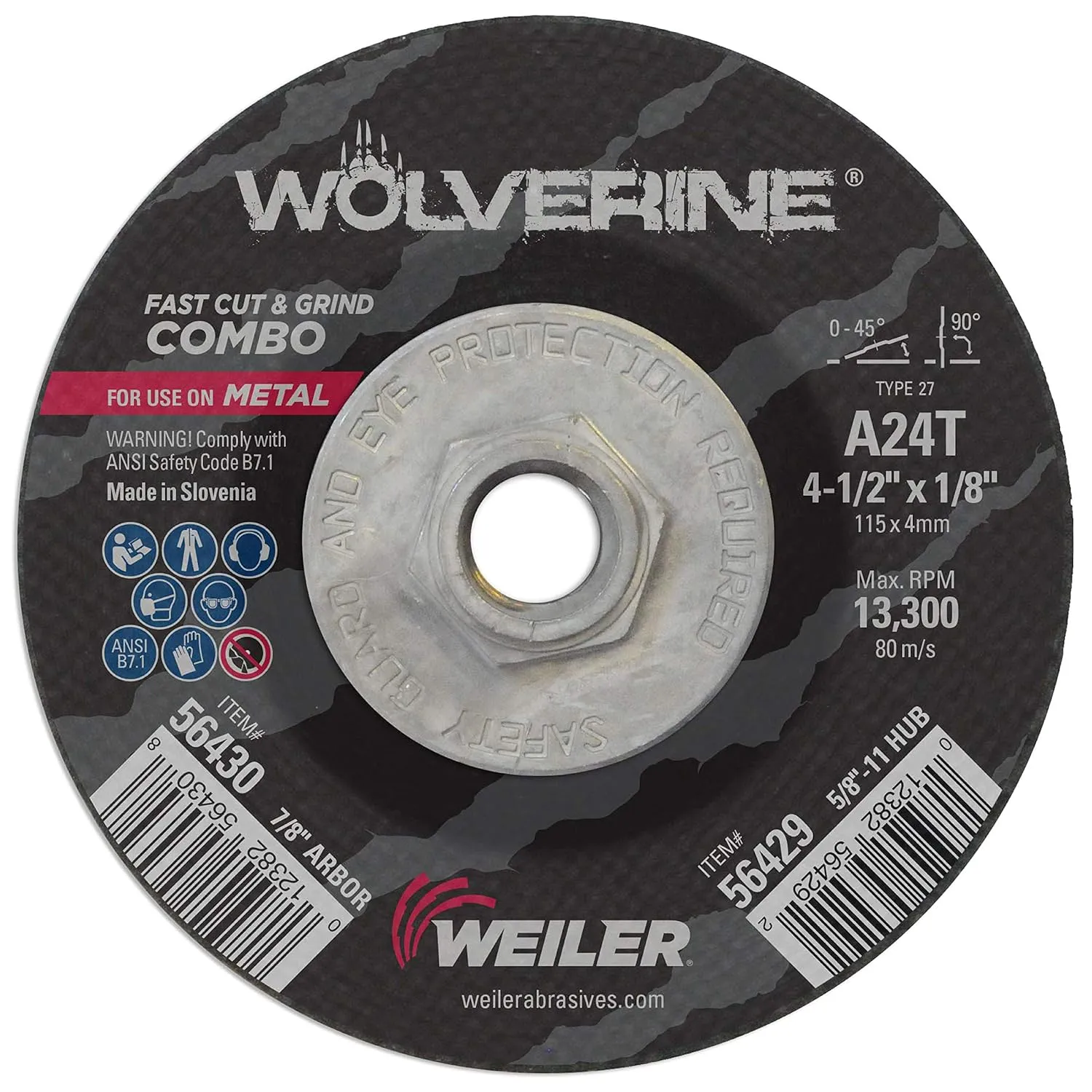 Weiler 56429 Wolverine Type 27 Cut and Grind Combo Wheel, A24T, 5/8" 11 UNC Nut, 4 1/2" x 1/8", Aluminum Oxide, 4.5" Diameter (Pack of 10)