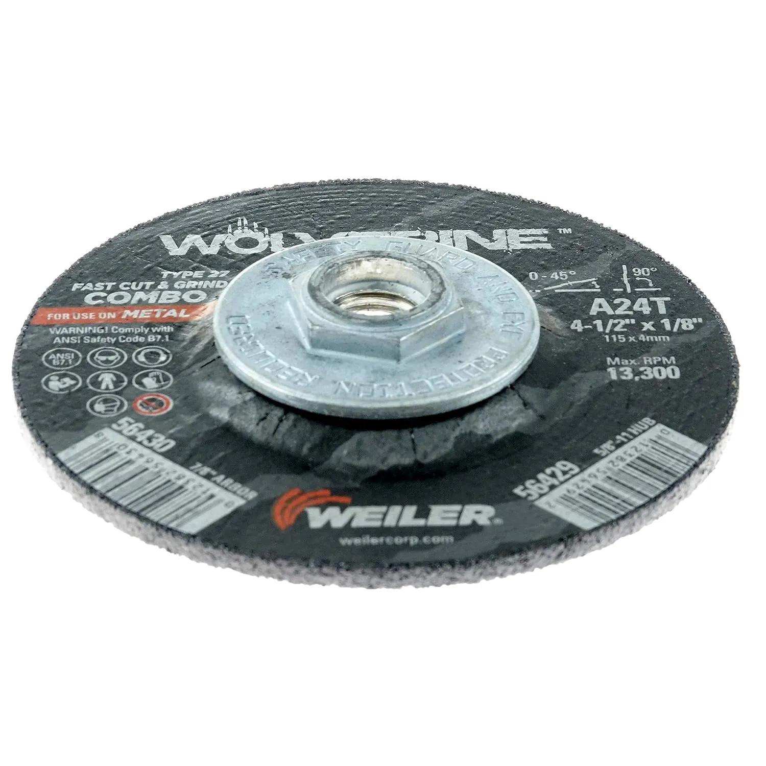 Weiler 56429 Wolverine Type 27 Cut and Grind Combo Wheel, A24T, 5/8" 11 UNC Nut, 4 1/2" x 1/8", Aluminum Oxide, 4.5" Diameter (Pack of 10)