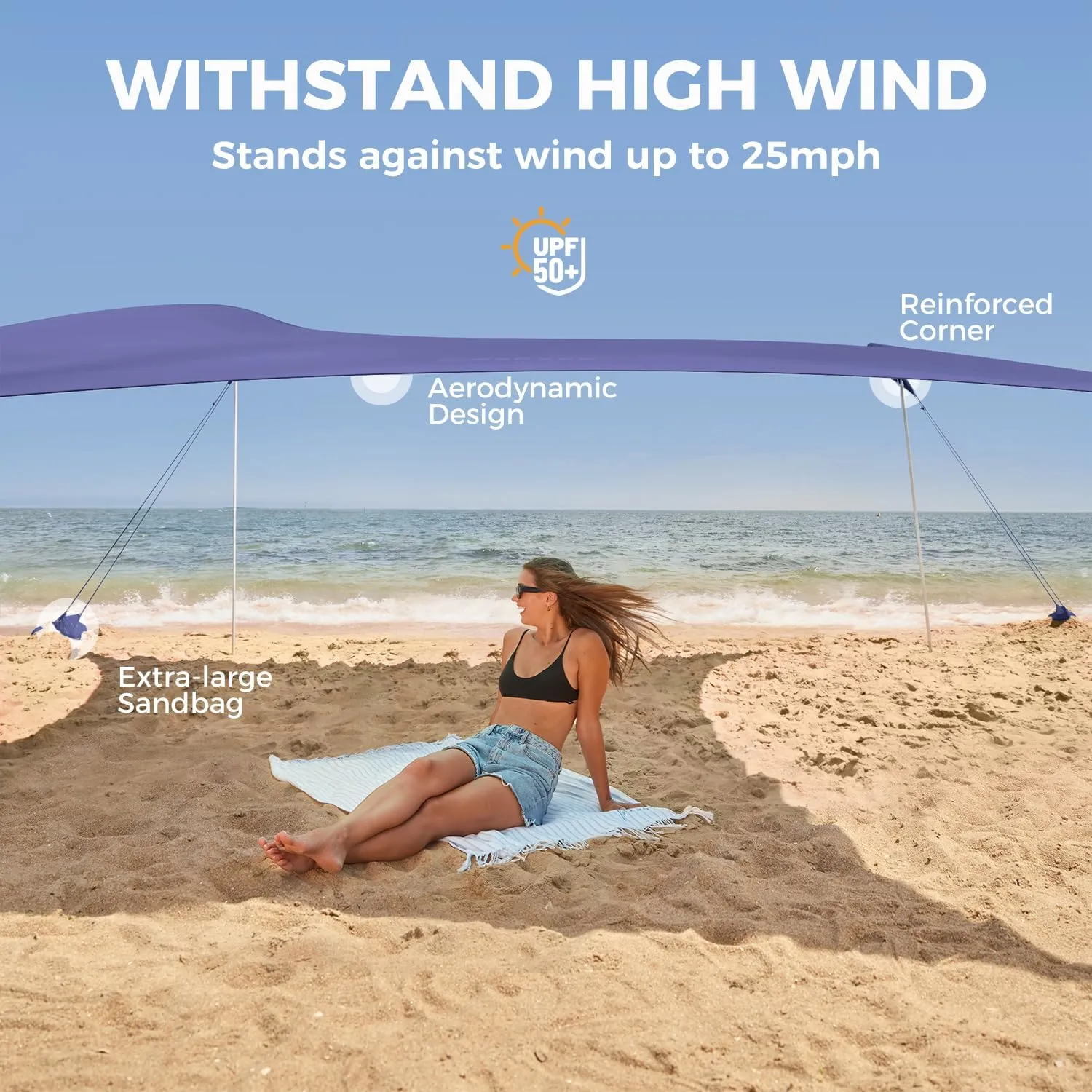 WEKAPO Beach Tent Sun Shelter - Easy Setup Beach Canopy with 4 Sturdy Poles, Large Sandbags and Shovel, 7'1'' Tall, Windproof Sun Shade for Backyard and Camping, UPF 50  Protection