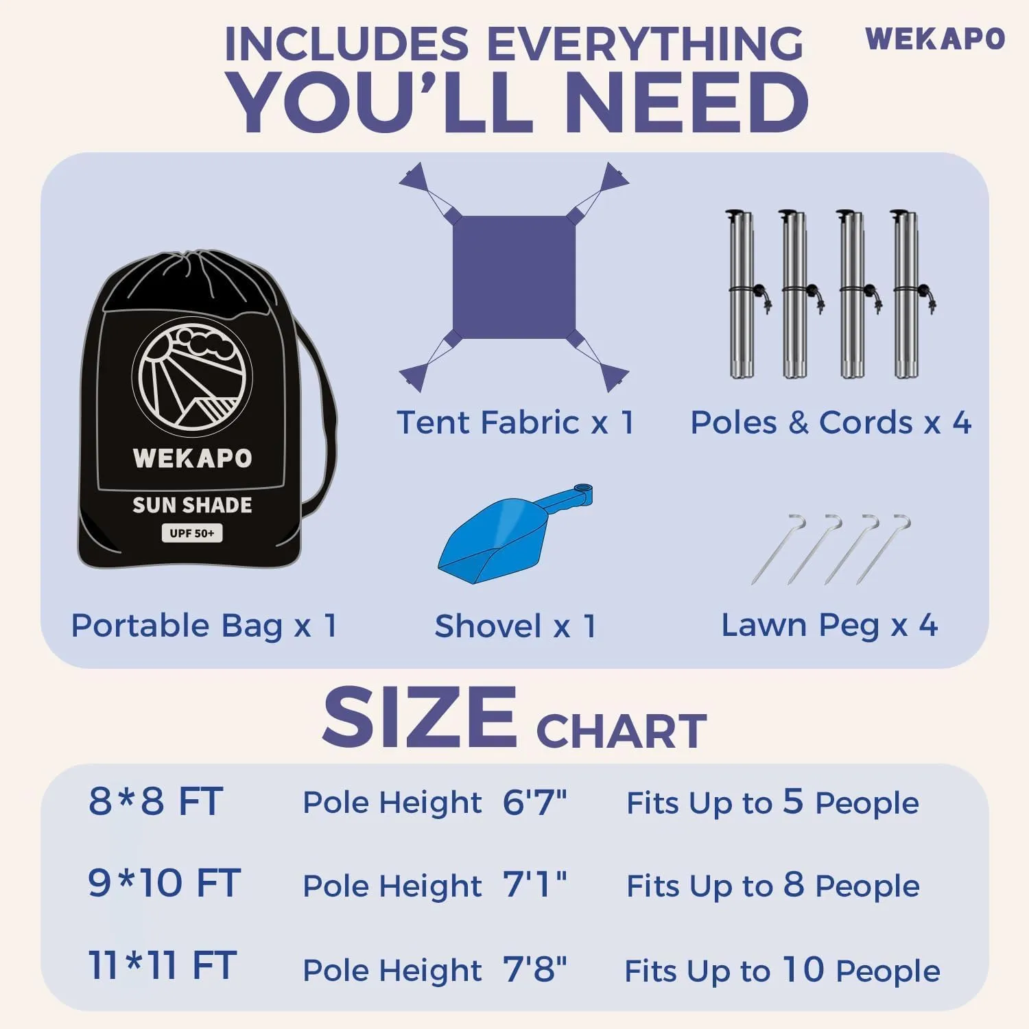 WEKAPO Beach Tent Sun Shelter - Easy Setup Beach Canopy with 4 Sturdy Poles, Large Sandbags and Shovel, 7'1'' Tall, Windproof Sun Shade for Backyard and Camping, UPF 50  Protection