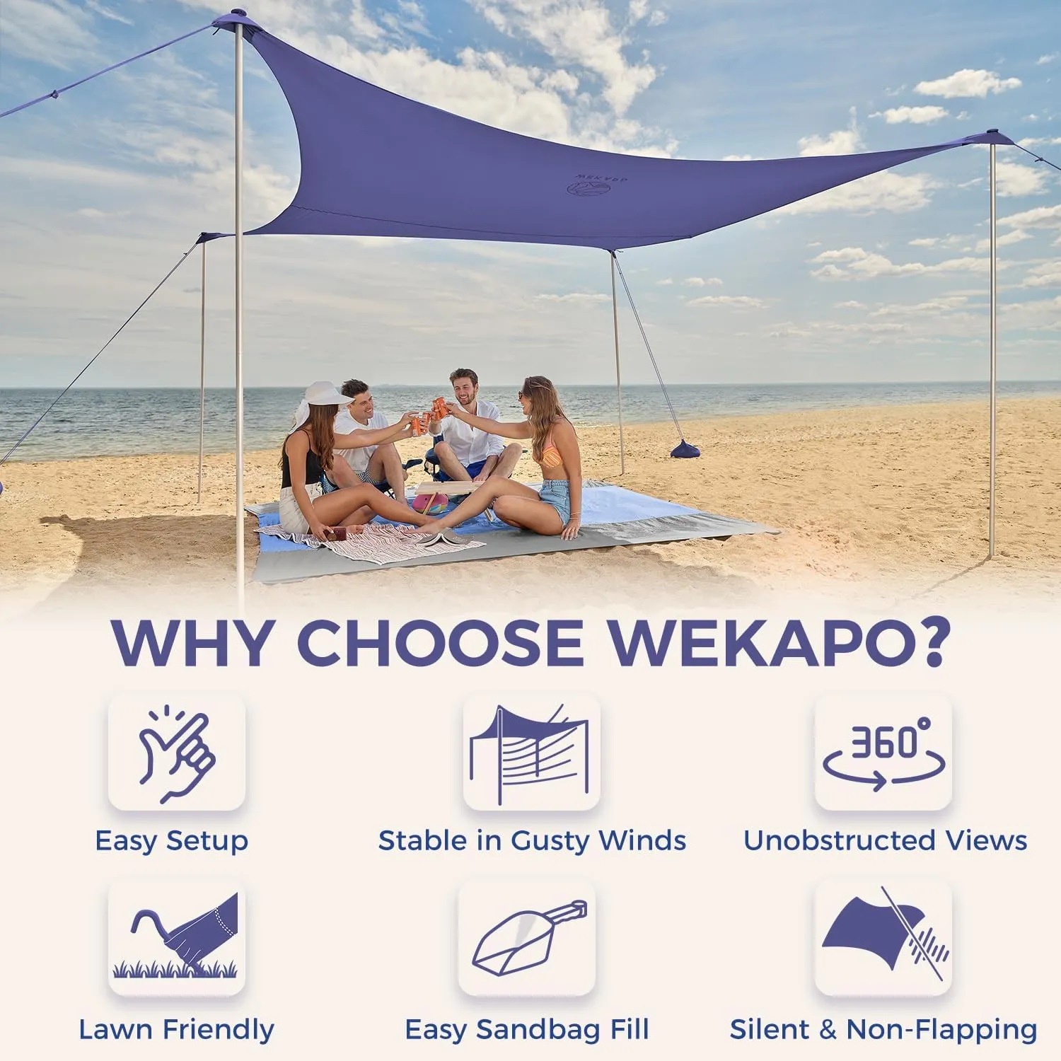 WEKAPO Beach Tent Sun Shelter - Easy Setup Beach Canopy with 4 Sturdy Poles, Large Sandbags and Shovel, 7'1'' Tall, Windproof Sun Shade for Backyard and Camping, UPF 50  Protection