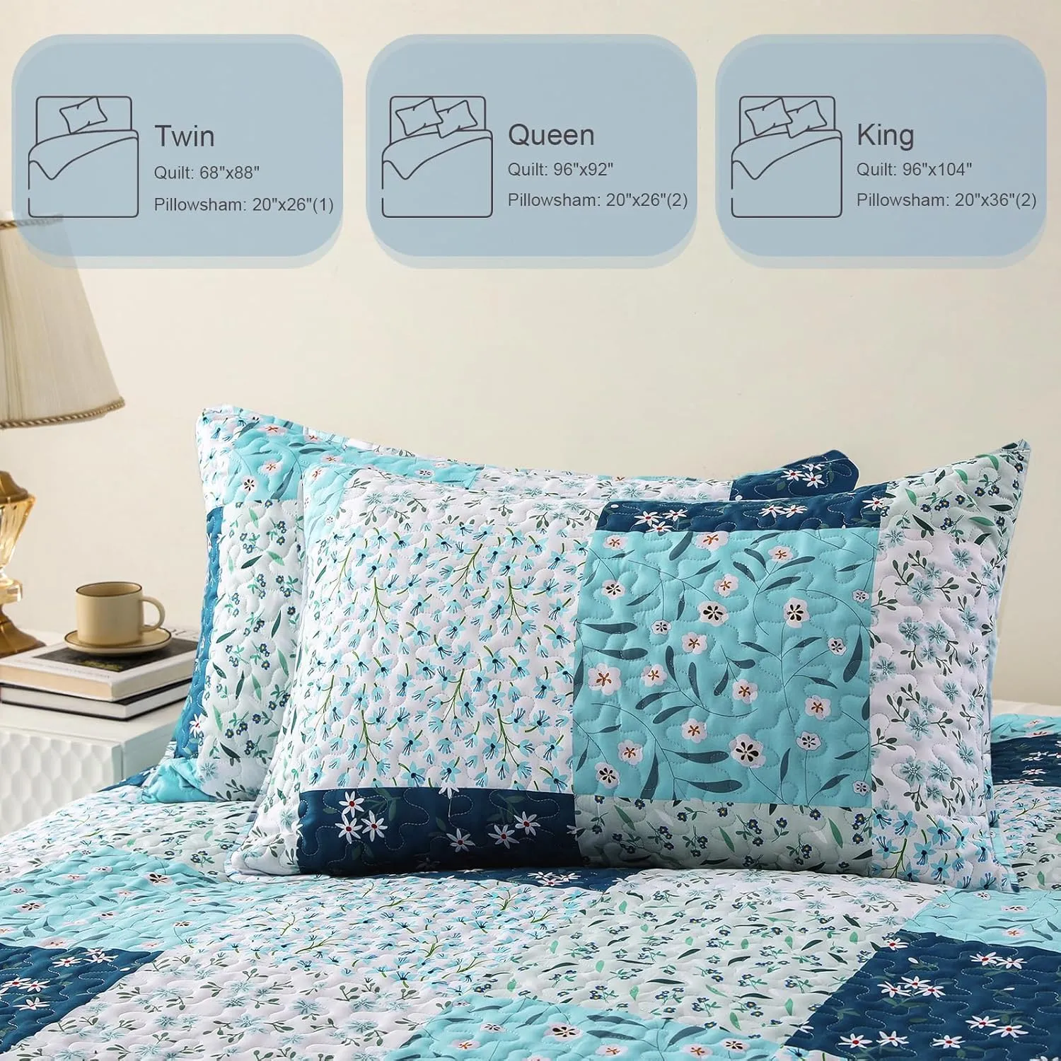Whale Flotilla Reversible Patchwork Quilts Full Queen Size, Lightweight Boho Printed Bedspreads Coverlets Quilt Bedding Set with 2 Pillow Shams for All Seasons, Blue