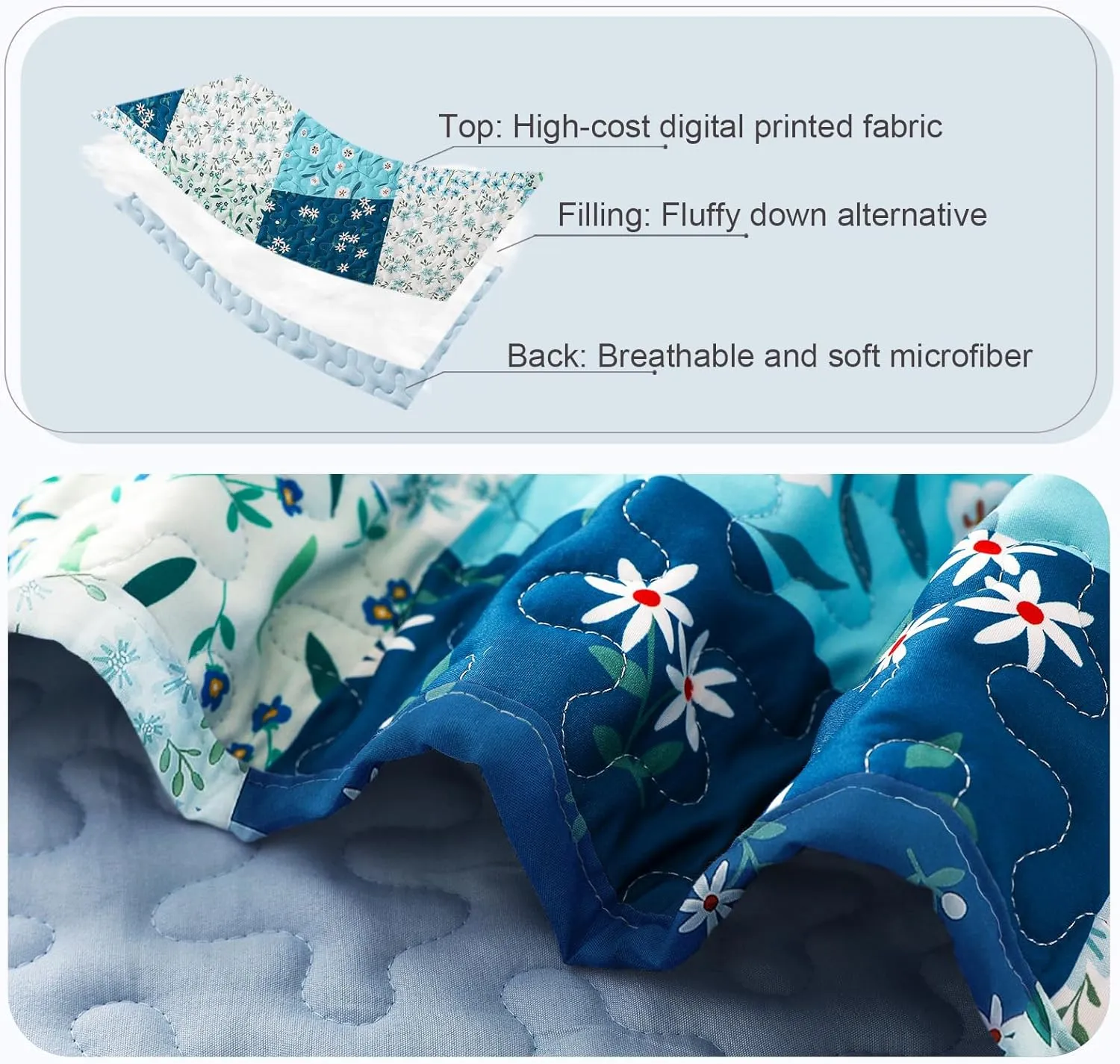 Whale Flotilla Reversible Patchwork Quilts Full Queen Size, Lightweight Boho Printed Bedspreads Coverlets Quilt Bedding Set with 2 Pillow Shams for All Seasons, Blue