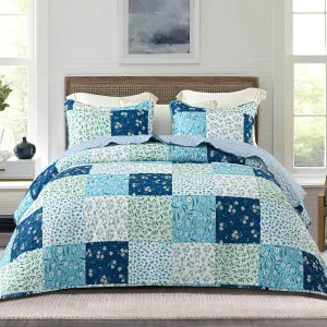 Whale Flotilla Reversible Patchwork Quilts Full Queen Size, Lightweight Boho Printed Bedspreads Coverlets Quilt Bedding Set with 2 Pillow Shams for All Seasons, Blue