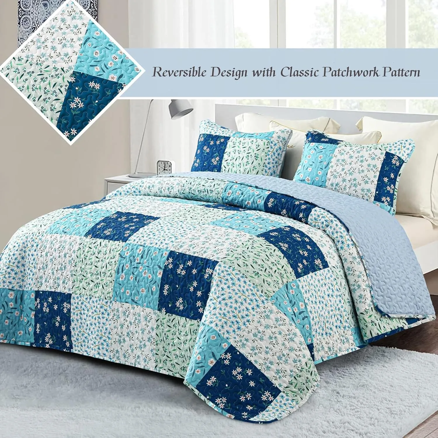 Whale Flotilla Reversible Patchwork Quilts Full Queen Size, Lightweight Boho Printed Bedspreads Coverlets Quilt Bedding Set with 2 Pillow Shams for All Seasons, Blue