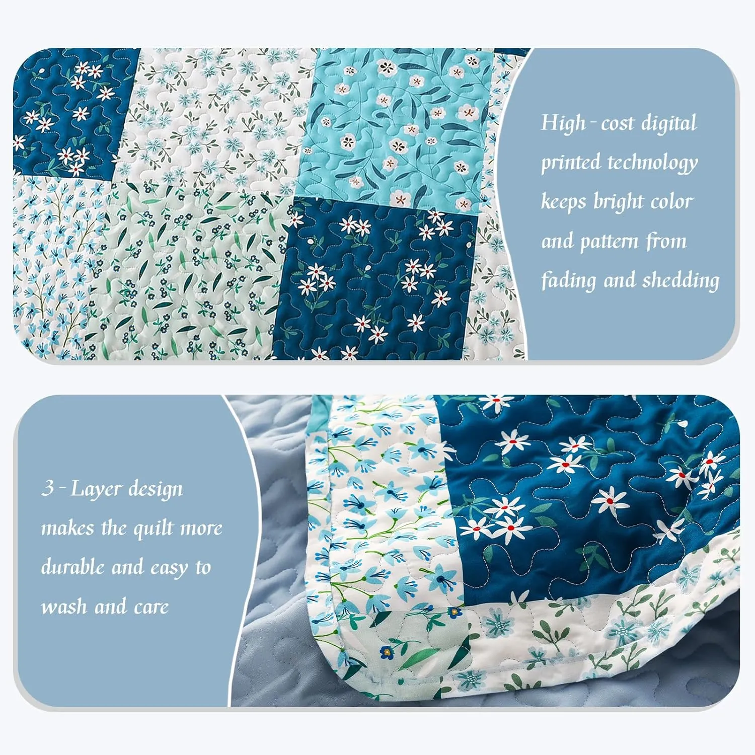 Whale Flotilla Reversible Patchwork Quilts Full Queen Size, Lightweight Boho Printed Bedspreads Coverlets Quilt Bedding Set with 2 Pillow Shams for All Seasons, Blue