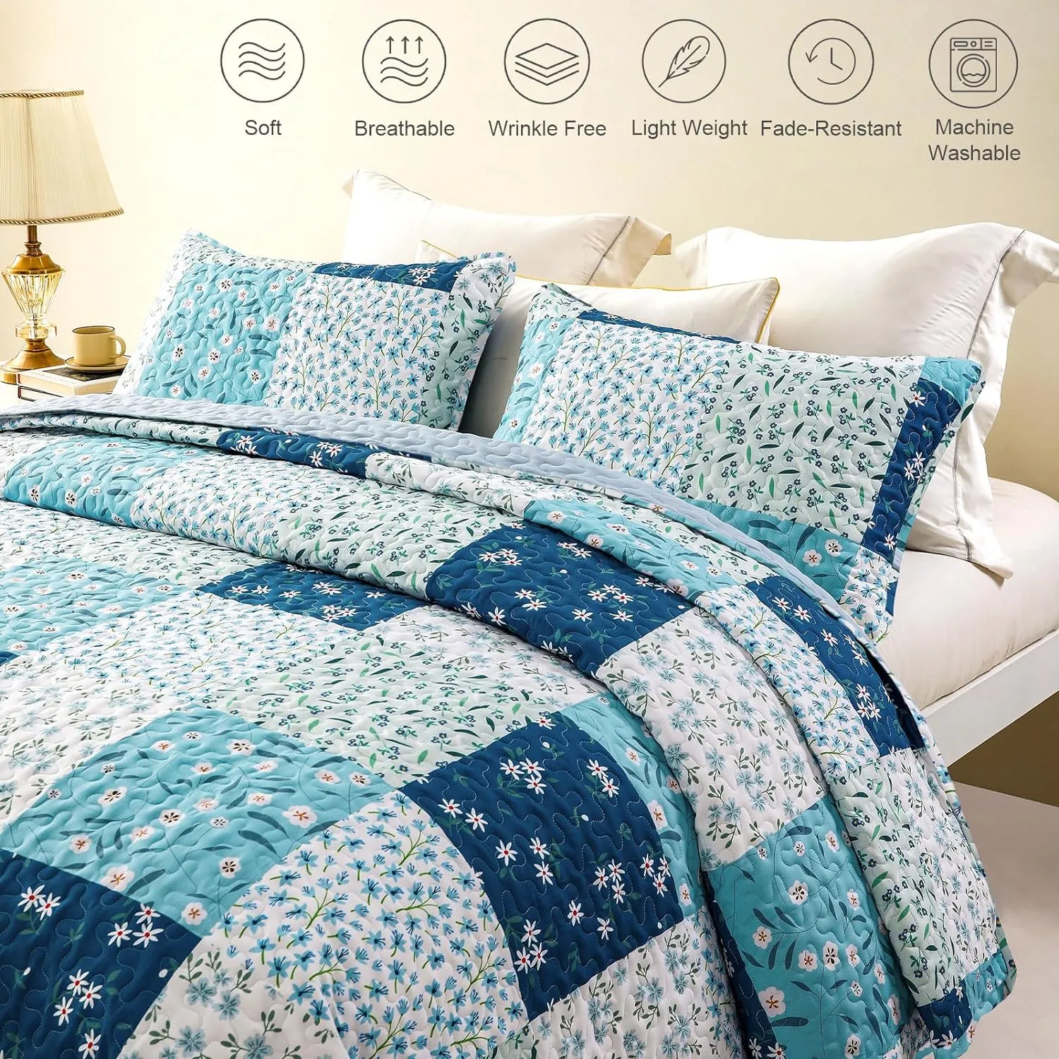 Whale Flotilla Reversible Patchwork Quilts Full Queen Size, Lightweight Boho Printed Bedspreads Coverlets Quilt Bedding Set with 2 Pillow Shams for All Seasons, Blue