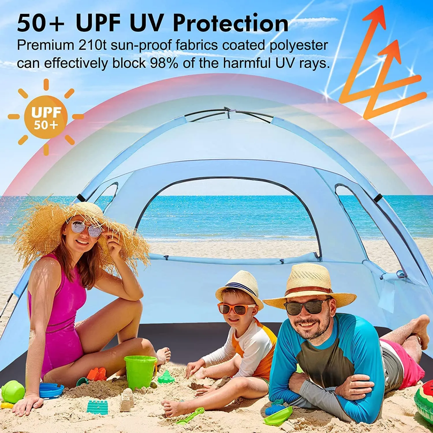 WhiteFang Beach Tent Anti-UV Portable Sun Shade Shelter for 3/4/6/8 Person, Extendable Floor with 3 Ventilating Mesh Windows Plus Carrying Bag, Stakes and Guy Lines